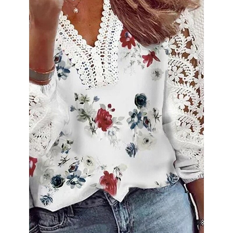 Women's T Shirt Floral Fashion Modern Casual Long Sleeve V Neck Regular Tops Daily Weekend Lace Patchwork Print White Summer Spring Fall3