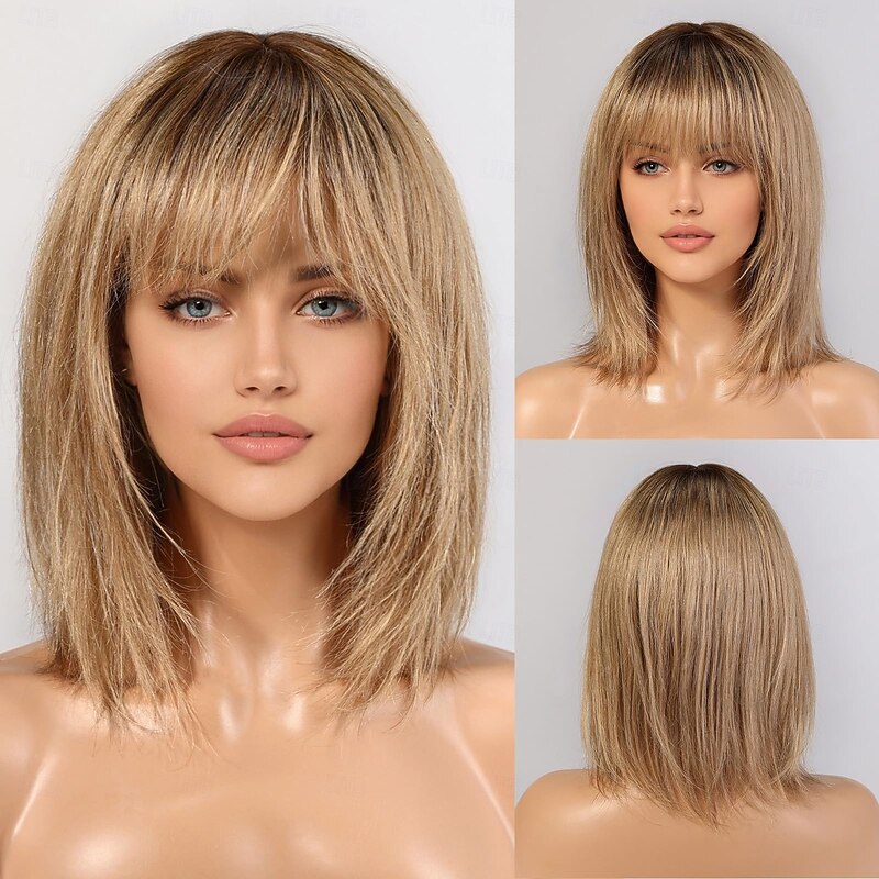 Women's Synthetic Wig Straight With Bangs Short Dark Brown Ombre Brown Ombre Blonde Hair Women's Blonde Brown Wigs for Everyday Use4
