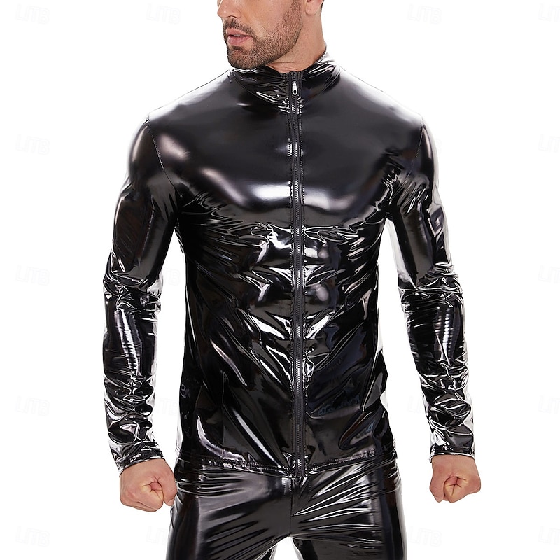Coat Jacket Skin Suit Carnival Costume Men's Shiny Metallic Zipper Up Costume for Performance Club Pole Dance Halloween Carnival Adults'3