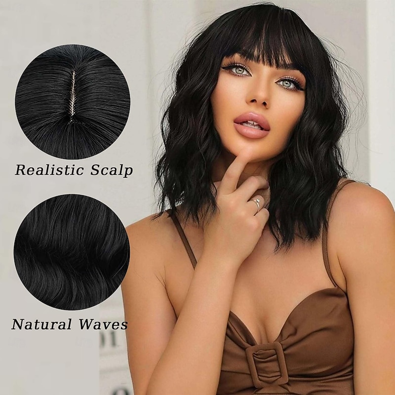 Wavy Wig with Bangs Soft Short Bob Wigs for Women Synthetic Shoulder Length Women's Curly Wigs for Halloween Costumes Cosplay Daily2