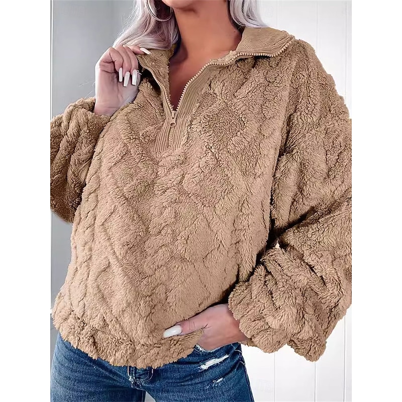 Women's Plain Casual Long Sleeve V Neck Regular Tops Street Dailywear Half Zip Pink Khaki Gray Fall Winter3