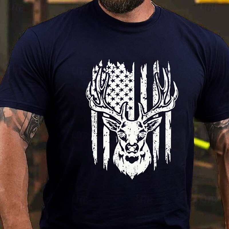 Men's American US Flag Hunting Deer T Shirt Tee Top 100% Cotton Short Sleeve Graphic Shirt Heather Gray White Army Green Comfortable Tee Street Camping & Hiking Fashion Designer Clothing2
