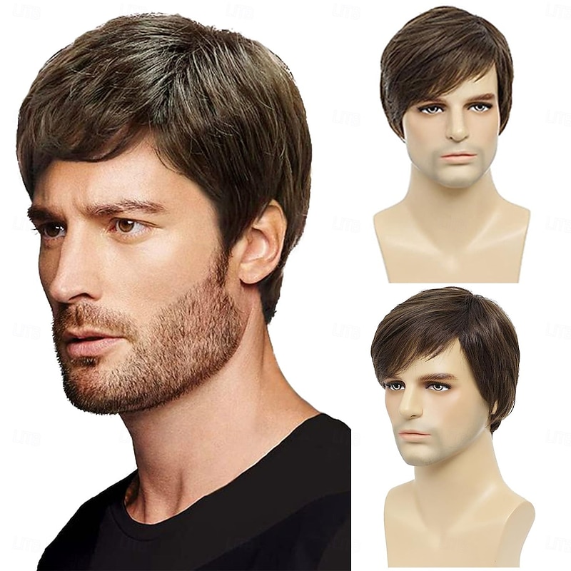 Short Wigs for Men Short Straight Mens Wig Realistic Natural Male Side Part Wig2