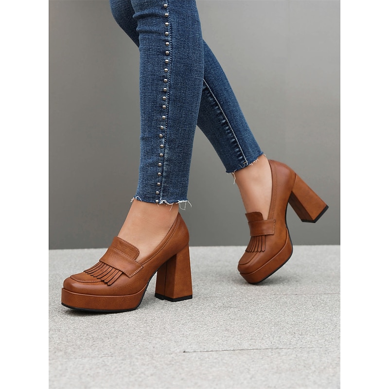 Women's Brown Platform Loafer Heels with Tassel Fringe – Retro Chunky Block High Heel Shoes for Casual and Party Wear3
