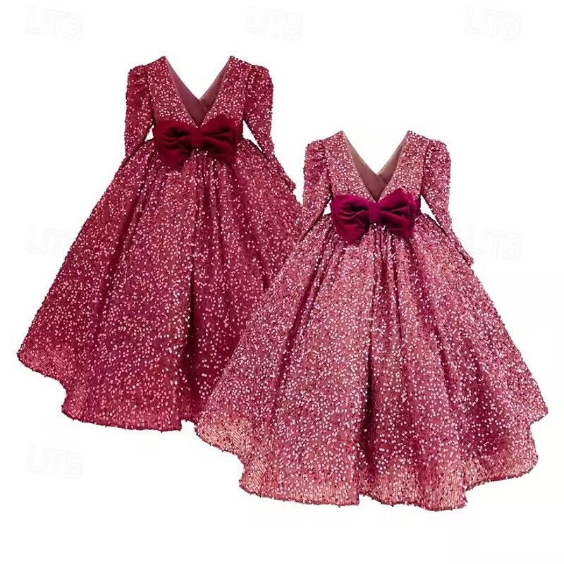 Kids Girls' Party Dress Solid Color Sleeveless Long Sleeve Performance Mesh Princess Sweet Mesh Mid-Calf Sheath Dress Tulle Dress Summer Spring Fall kids Pink Wine Red3