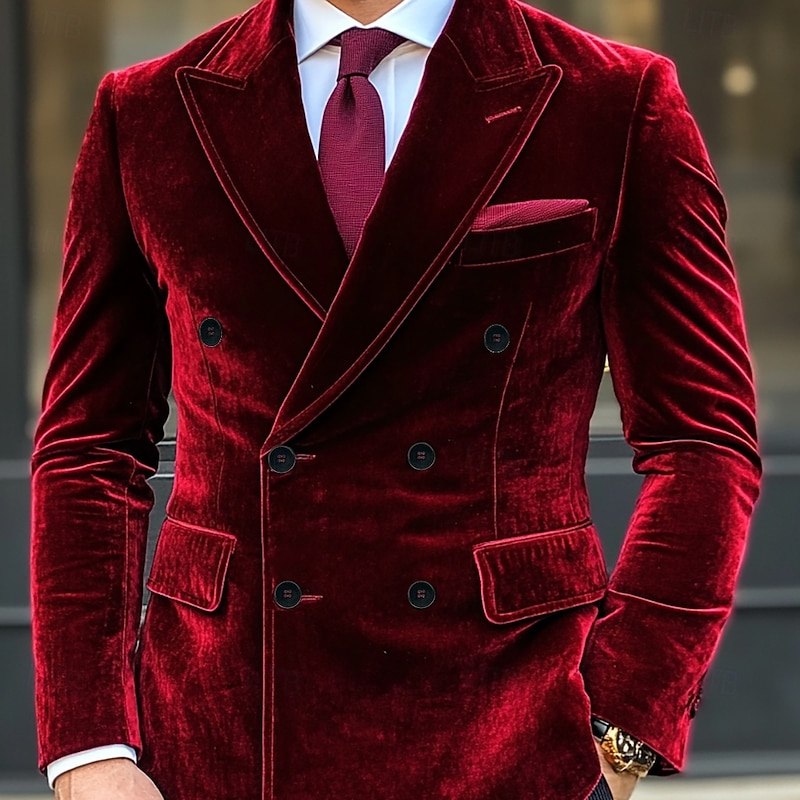 Men's Blazer Jacket Closure collar Christmas Vintage Velvet Solid Colored Blazer Red Purple Standard Fit Double Breasted Six-buttons2