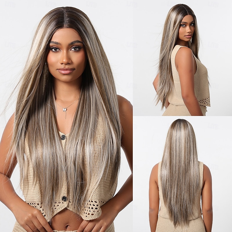 Synthetic Lace Wig Straight Style 28 inch Brown Middle Part 13x6 Lace Front Wig Women's Wig Brown / White - Main Image