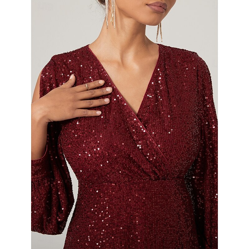 Women's Midi Dress Sequin Dress Vintage Dress Elegant Bishop Sleeve Cocktail Party Regular Fit Long Sleeve V Neck Red Fall Winter3