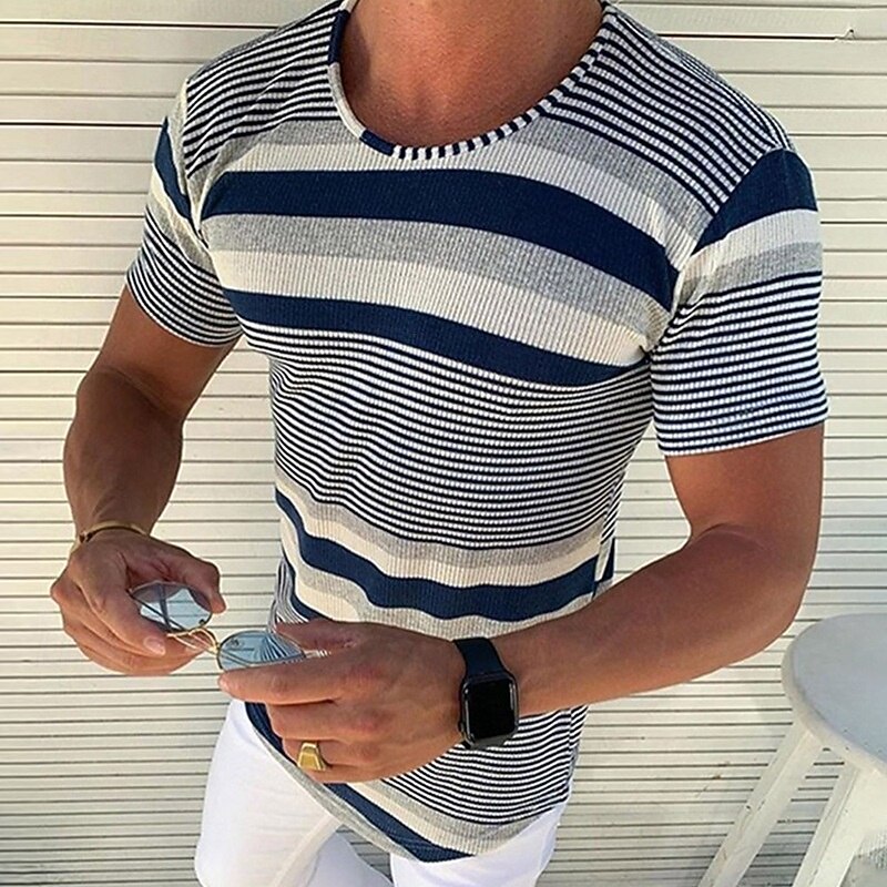 Men's T Shirt Knit Tee Tee Top Short Sleeves Crew Neck Summer Stripes Pit Strip Fashion Designer Basic Knitted Vacation Street Going out Dark Blue Top Tee for Men
