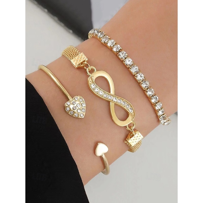 Gold Rhinestone Bracelet Set with Heart and Infinity Charms – Elegant Jewelry for Women, Perfect for Parties and Gifting