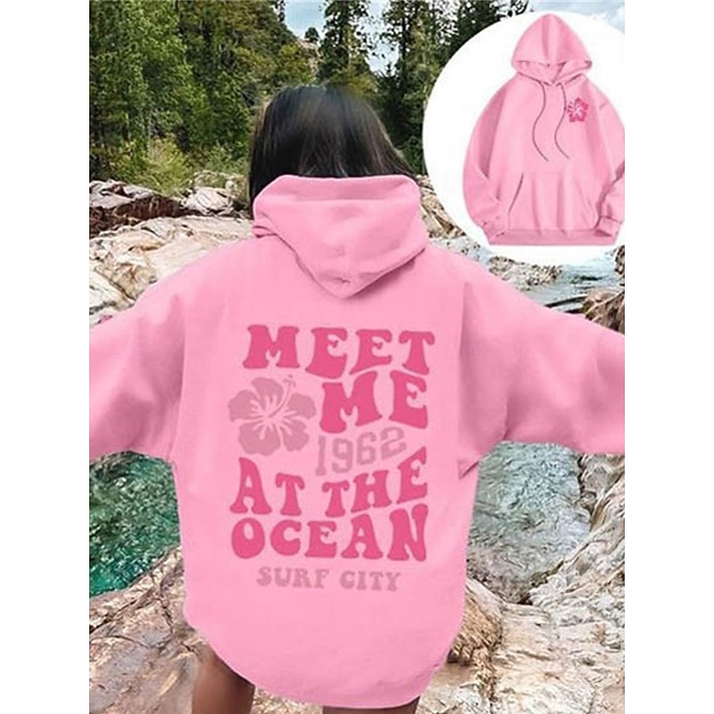 Women's Hoodie Sweatshirt Casual Letter Street Dailywear Hoodie Pocket Print Long Sleeve Pink Blue Gray Fall Winter