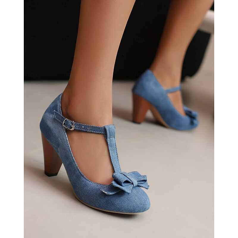 Women's Denim T-Strap Heels with Bow Detail and Chunky Heel – Vintage-Inspired Shoes for Parties and Casual Outfits