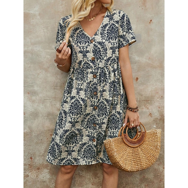 Women's Mini Dress Petite Dress Casual Dress Boho Chic Dresses T Shirt Dress Tee Dress Boho Dress Bohemia Vintage Casual Vacation Daily Loose Fit Floral Short Sleeve V Neck Blue Green Summer Spring3