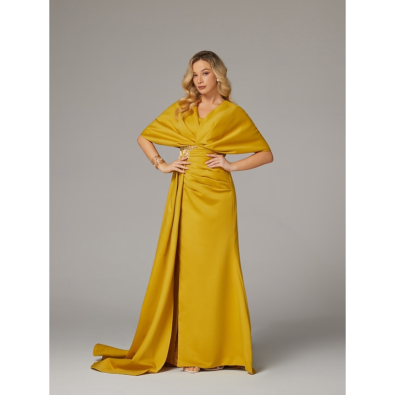 Sheath Evening Gown Elegant Dress Formal Sweep / Brush Train Half Sleeve Floor Length V Neck Satin with Pleats Ruched Crystals2