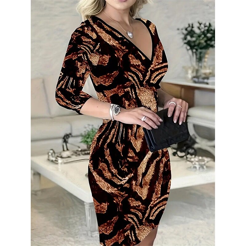 Women's Geometric V Neck Mini Dress 3/4 Length Sleeve Spring Fall