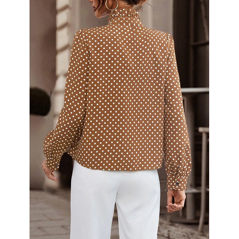 Women's T Shirt Polka Dot Modern Casual Long Sleeve High Neck Regular Tops Daily Black Brown Fall Winter2