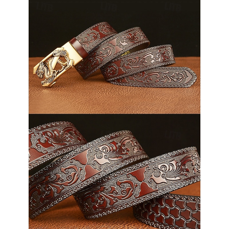 Men's Brown Leather Belt with Embossed Dragon Design and Gold Buckle - Vintage Style, Perfect for Formal and Casual Wear4