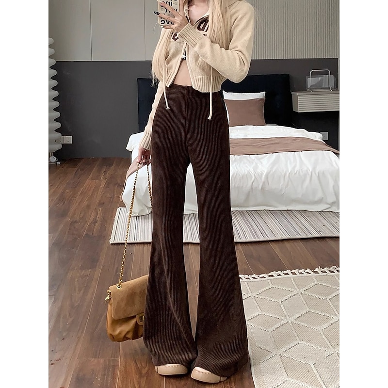 Women's Normal Bell Bottom Fashion Classic Style Full Length High Waist Solid Color Patchwork Comfy Breathability Micro-elastic Black Apricot Coffee Spring &  Fall Regular Fit