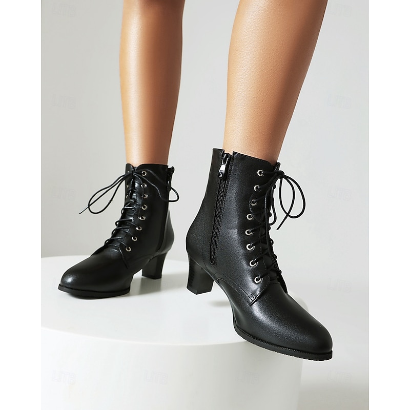 Women's Black Lace-Up High Heel Ankle Boots with Metal Eyelet Details and Sturdy Soles – Perfect for Chic and Versatile Outfits3