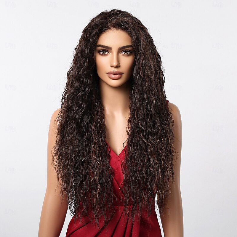 Synthetic Lace Wig Curly Style 28 inch Dark Brown Middle Part 13x6 Lace Front Wig Women's Wig Light Brown Lace2