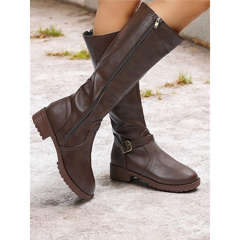Women's Brown Knee-High Boots with Side Zipper and Buckle Detail, Featuring a Low Block Heel and Durable Design – Perfect for Casual and Outdoor Wear4