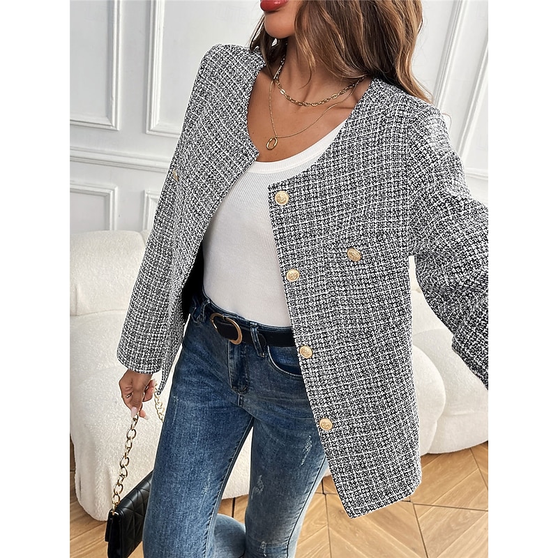 Women's Casual Jacket Warm Breathable Buttons Casual Plaid Vacation Street Daily Wear Going out Single Breasted Short Crewneck Regular Fit Long Sleeve Outerwear Black Fall Winter 6