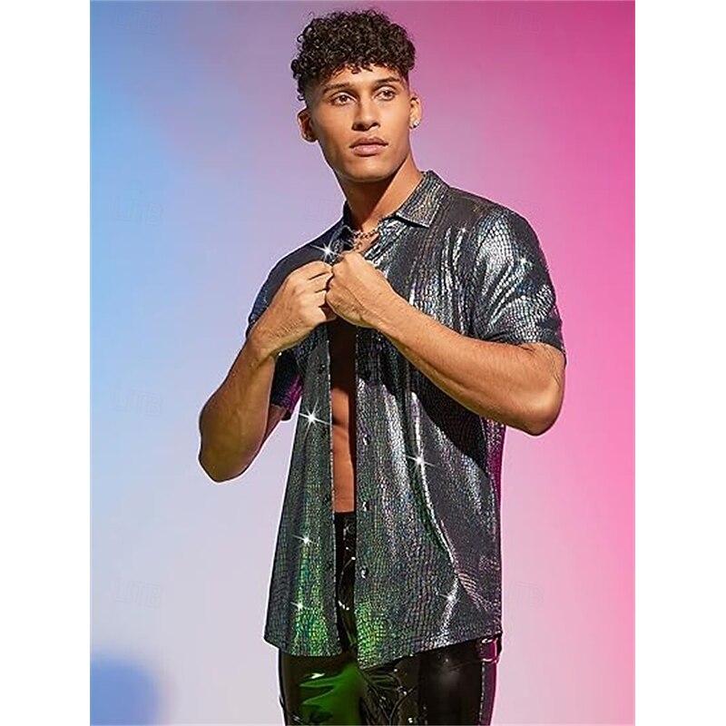 Retro Vintage 1970s 1980s Shirt Disco Shiny Metallic Fancy Dress Men's Carnival Costume Halloween Carnival Performance Party Club Adults' Shirt Spring & Summer2