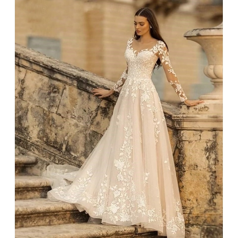 Wedding Dresses A-Line V Neck Long Sleeve Court Train Tulle Bridal Gowns With Pleats Appliques 2025 2025 - $204.99