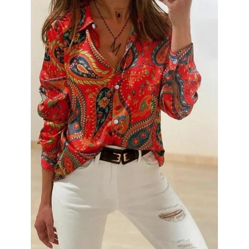 Women's Shirt Button Down Tunic Shirt Collar Long Sleeve Hawaiian Casual Graphic Regular Tops s Print Regular Fit Work Daily Red Holiday Clothes