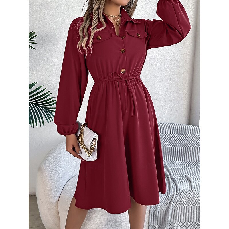 Women's Casual Dress Midi Dress Buttons Casual Shirt Collar Long Sleeve Wine Blue Khaki Color3