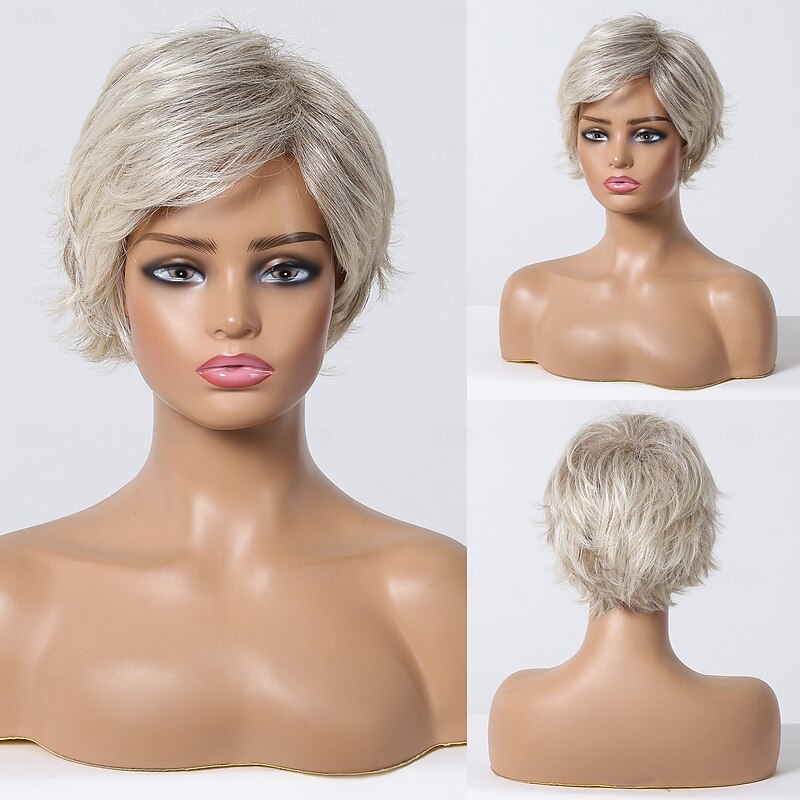 Human Hair Blend Wig Short Straight Natural Straight Bob Pixie Cut Side Part Layered Haircut Blonde Cosplay Curler & straightener Natural Hairline Capless Burmese Hair Women's All Sliver White 8 inch