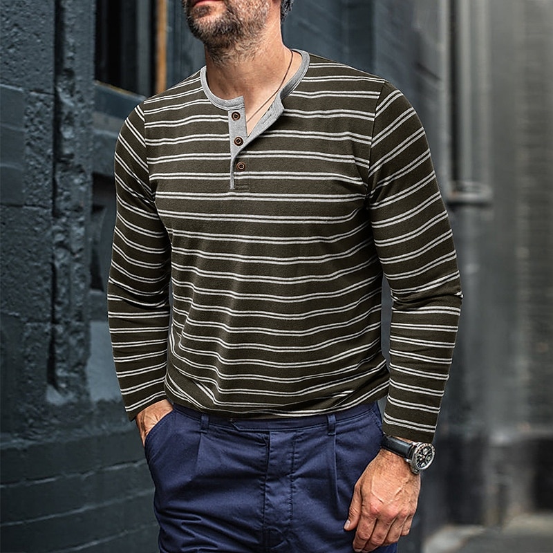 Men's Button T Shirt T Shirt Henley Shirt Tee Long Sleeve Henley Spring &  Fall Striped Fashion Designer Basic Buttons Vacation Street Going out Black White Khaki Top Tee for Men