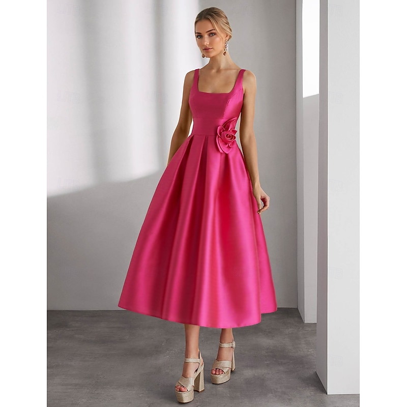 A-Line Cocktail Dresses Beach Wedding Elegant Dress Formal Wedding Tea Length Sleeveless Square Neck Satin with Glitter Slit Shouder Flower Dresses - Main Image
