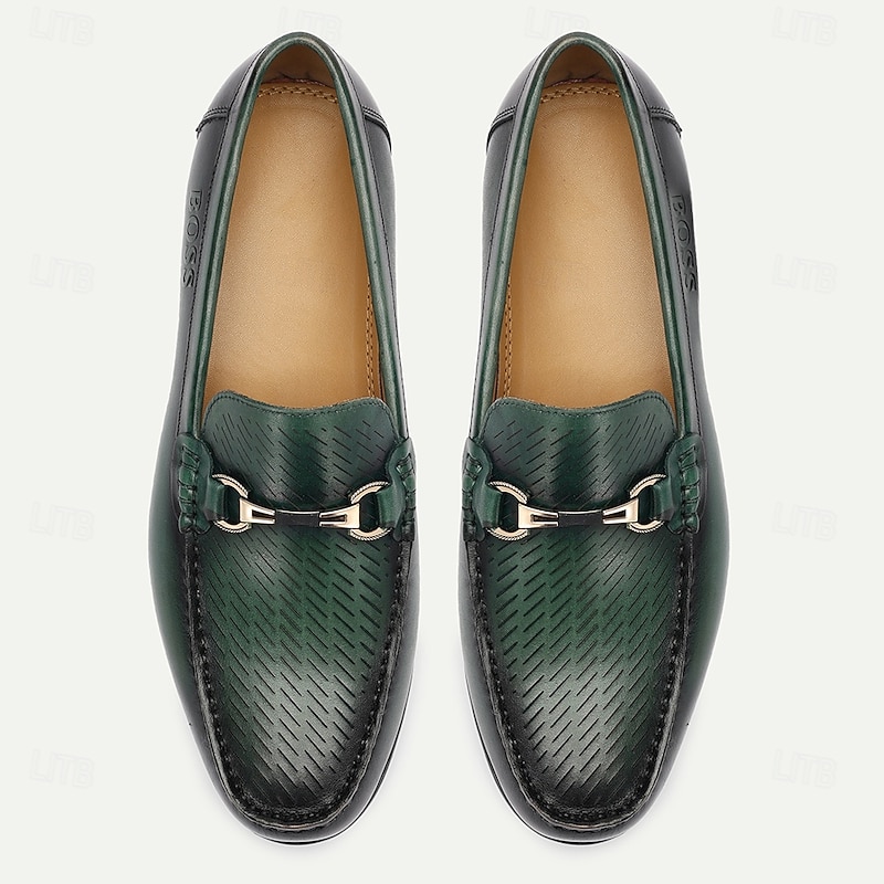 Men's Green Premium Cowhide Leather Loafers - Slip-On Dress Shoes with Metal Buckle Detail for Formal and Business Wear4