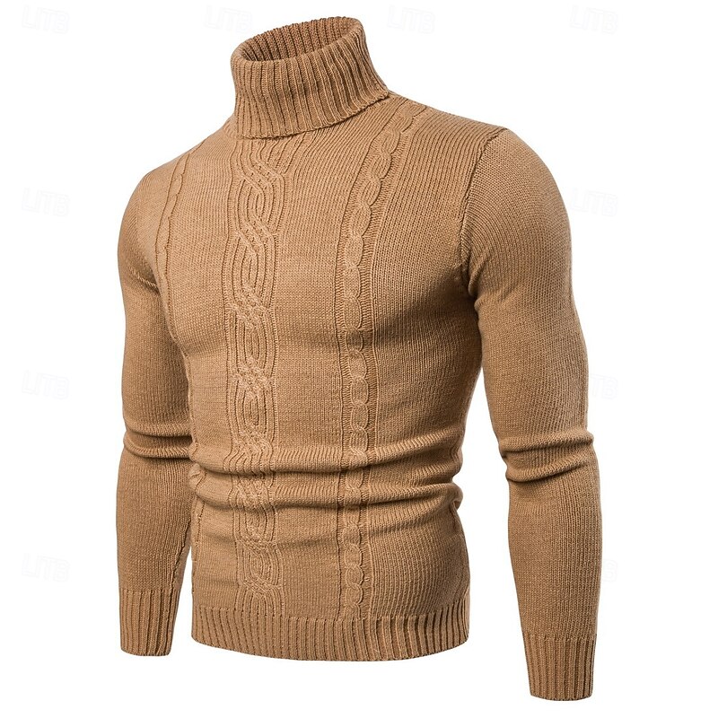 Men's Turtleneck Sweater Pullover Sweater Jumper Cable Knit Regular Knitted Slim Fit Plain Turtleneck Modern Contemporary Work Daily Wear Clothing Apparel Winter Spring &  Fall Black Khaki M L XL3