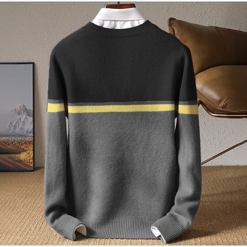 Men's 100% Merino Wool Pullover Sweater Jumper Knit Color Block Crew Neck Knitwear Elegant Christmas Outdoor Clothing Apparel Fall Winter Black Red S M L3