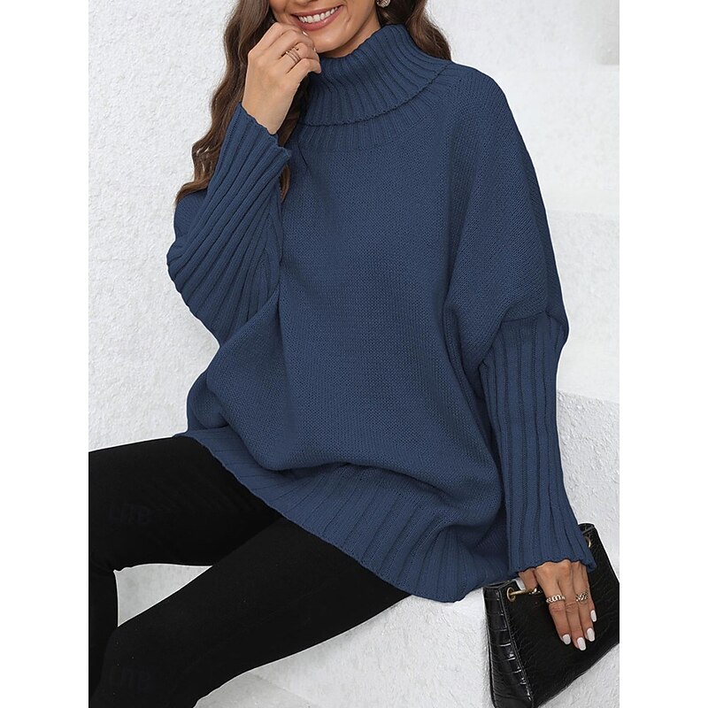 Women's Sweater Casual Soft Pure Color Ribbed Turtleneck Knitted Long Sleeve Regular Tops Knit Outdoor Daily Weekend Navy Blue Green Fall Winter 6