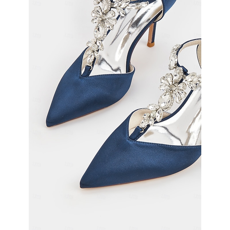 Women's Navy Blue Satin T-Strap Heels – Pointed Toe Cocktail Shoes with Crystal Embellishments for Wedding and Evening Parties4