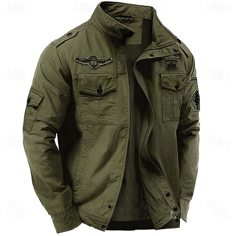 Men's Cotton Embroidered Military Jacket Cargo Jacket with Shoulder Straps Long Sleeve Standing Collar Multi-Pockets Coat Trucker Jacket Tactical Outerwear2