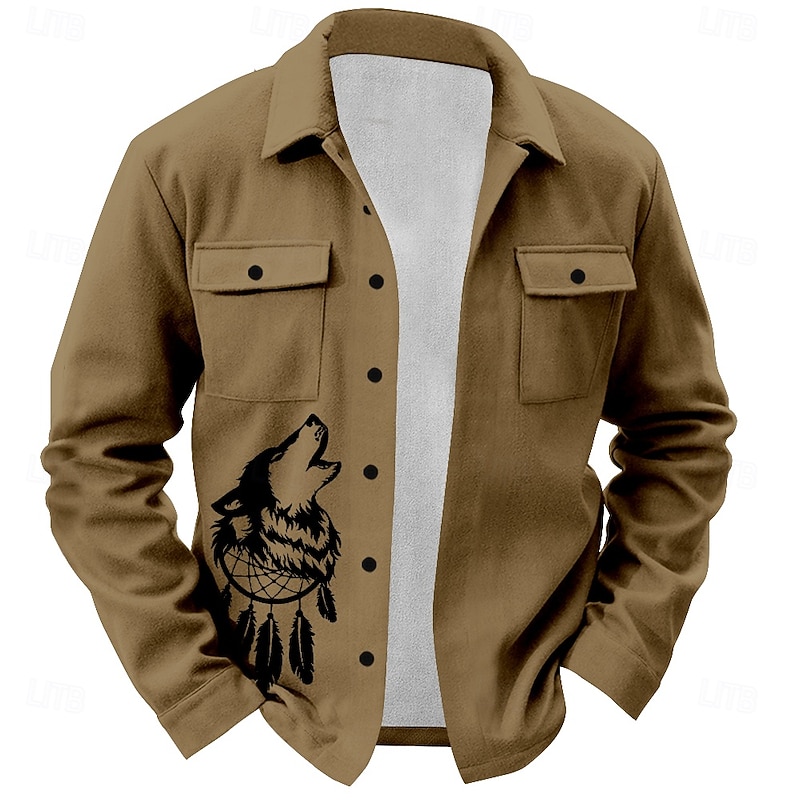 Men's Western Wolf Shirt Shirt Jacket Overshirt Long Sleeve Vintage Casual Daily Spring Fall Winter Collar Buttons Collared Shirts Blue Brown Green Beige Gray
