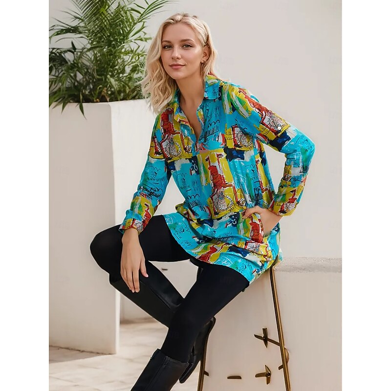 Rayon Graffiti Cuff Lapel Mini Shirt Dress