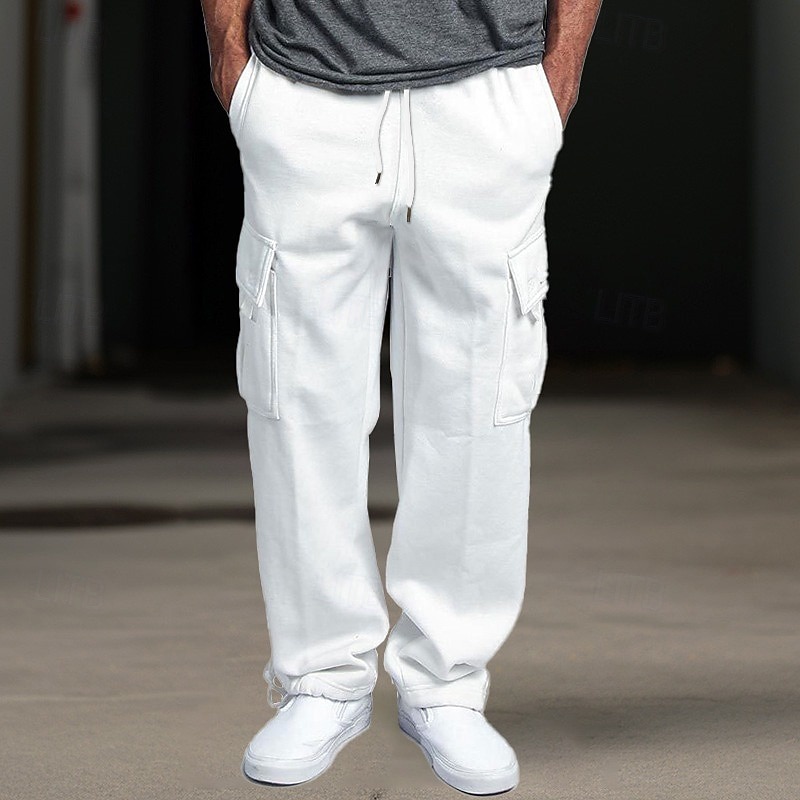 Men's Fleece Pants Sweatpants Joggers Trousers Cargo Sweatpants Drawstring Elastic Waist Multi Pocket Plain Comfort Breathable Casual Daily Holiday Sports Fashion Black White
