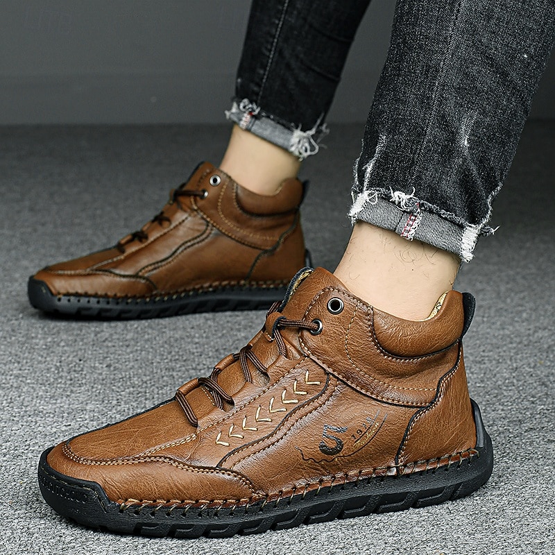 Men's Casual High-Top Faux Leather Boots with Stitch Detailing, Durable Sole, and Lace-Up Design – Perfect for Outdoor Adventures and Everyday Comfort3