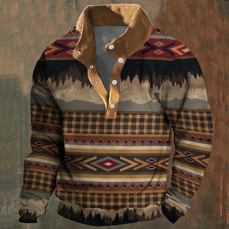 Men's Ethnic Sweatshirt Sweatshirt Long Sleeve Sweatshirt Stand Collar Daily Ethnic Print Holiday Buttons Winter Spring &  Fall