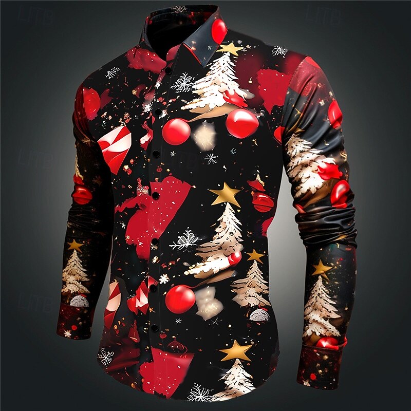 Men's Santa Claus Tree Christmas Bell Shirt Button Up Shirt Long Sleeve Casual Christmas Daily Wear Going out Fall & Winter Turndown Print Button-Down Black White Burgundy Blue Green4