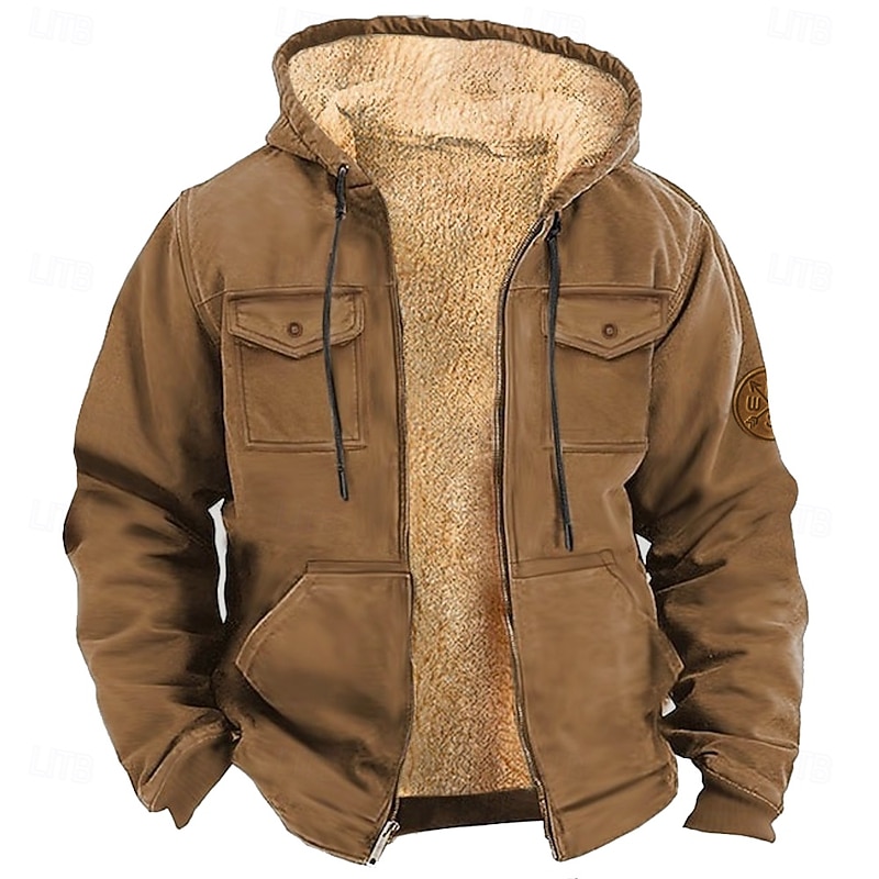 Men's Solid Color Cowboy Fleece Hoodies Fashion Cool Long Sleeve Hooded Holiday Streetwear Black Brown Zipper Pocket Fall Winter Designer