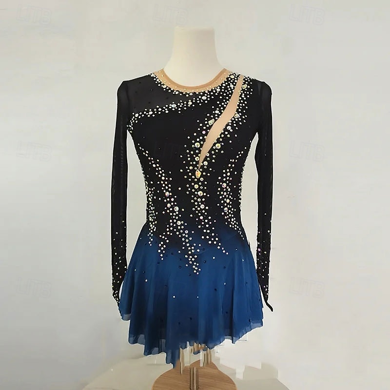 Figure Skating Dress Women's Girls' Ice Skating Dress Blue Black High Elasticity Training Competition Skating Wear Classic Crystal / Rhinestone Long Sleeve Ice Skating Figure Skating