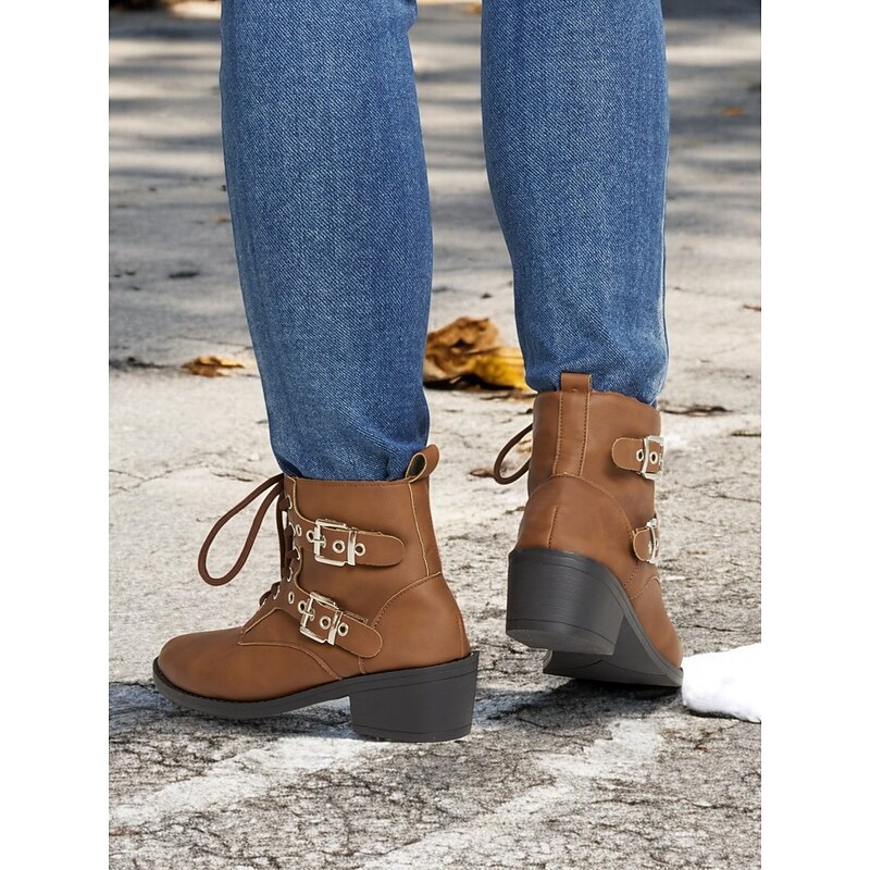 Women's Brown Lace-Up Ankle Boots – Stylish Combat Boots with Double Buckle Straps and Low Block Heel for Everyday Casual and Outdoor Wear3
