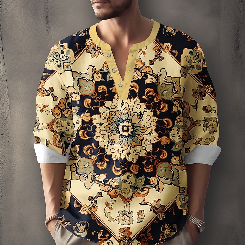 Men's Floral Shirt Button Up Shirt Henley Shirt Long Sleeve Vintage Casual Vacation Daily Beach Wear Summer Spring Fall Collarless V Neck 3D Print Buttons Khaki
