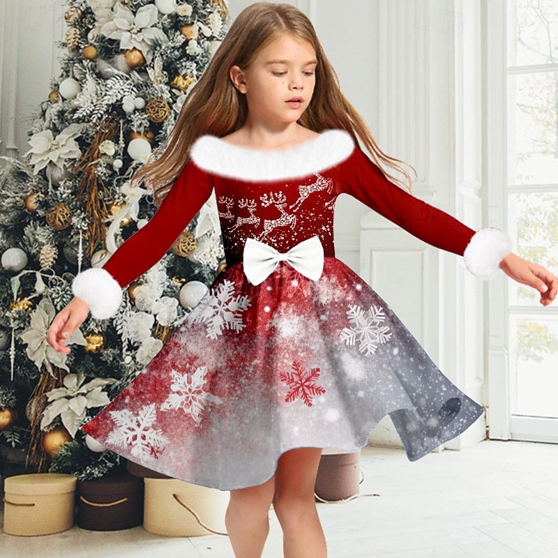Christmas Girls' 3D Snowflake Christmas Dress Dress Snowflake Dress Long Sleeve 3D Print Fall Winter Sports & Outdoor Daily Holiday Cute Casual Beautiful Kids 3-12 Years Casual Dress Swing Dress A